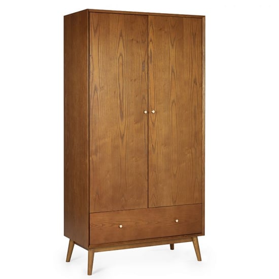 Mid-century modern 2-door cherry wood effect wardrobe with a single drawer and tapered legs