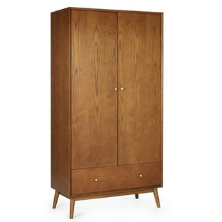 The CHOICEWARDROBE Nestor Cherry Wood Wardrobe is a mid-century modern 2-door wardrobe with a drawer, understated round knobs, angled legs, and a natural wood grain finish.