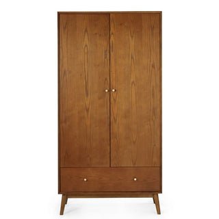 The CHOICEWARDROBE Nestor Cherry Wood Wardrobe features two doors, a bottom drawer, round metal handles, and angled legs in a smooth medium-brown finish for a mid-century modern retro look.