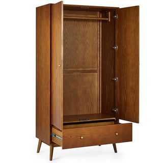 The CHOICEWARDROBE Nestor Cherry Wood Wardrobe has two open doors revealing a hanging rod and a large bottom drawer, all supported by four angled legs. Its mid-century modern retro style is showcased both inside and out.