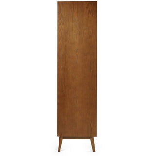The CHOICEWARDROBE Nestor Cherry Wood Wardrobe is a tall, rectangular, mid-century modern 2-door wardrobe with a drawer, smooth cherry finish, minimalist flat front, no visible handles, and four angled legs.
