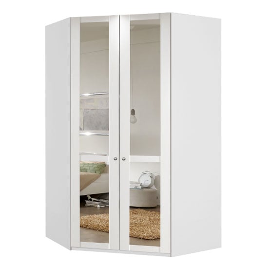 White two-door corner wardrobe with mirrored front panels and shelves.