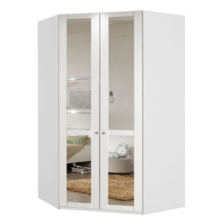 The CHOICEWARDROBE New Tork 120cm Tall Mirrored Corner Wardrobe in White features double doors, dual hanging rails, and shelves. Its space-saving modern design and sleek silver handles make it perfect for any room.