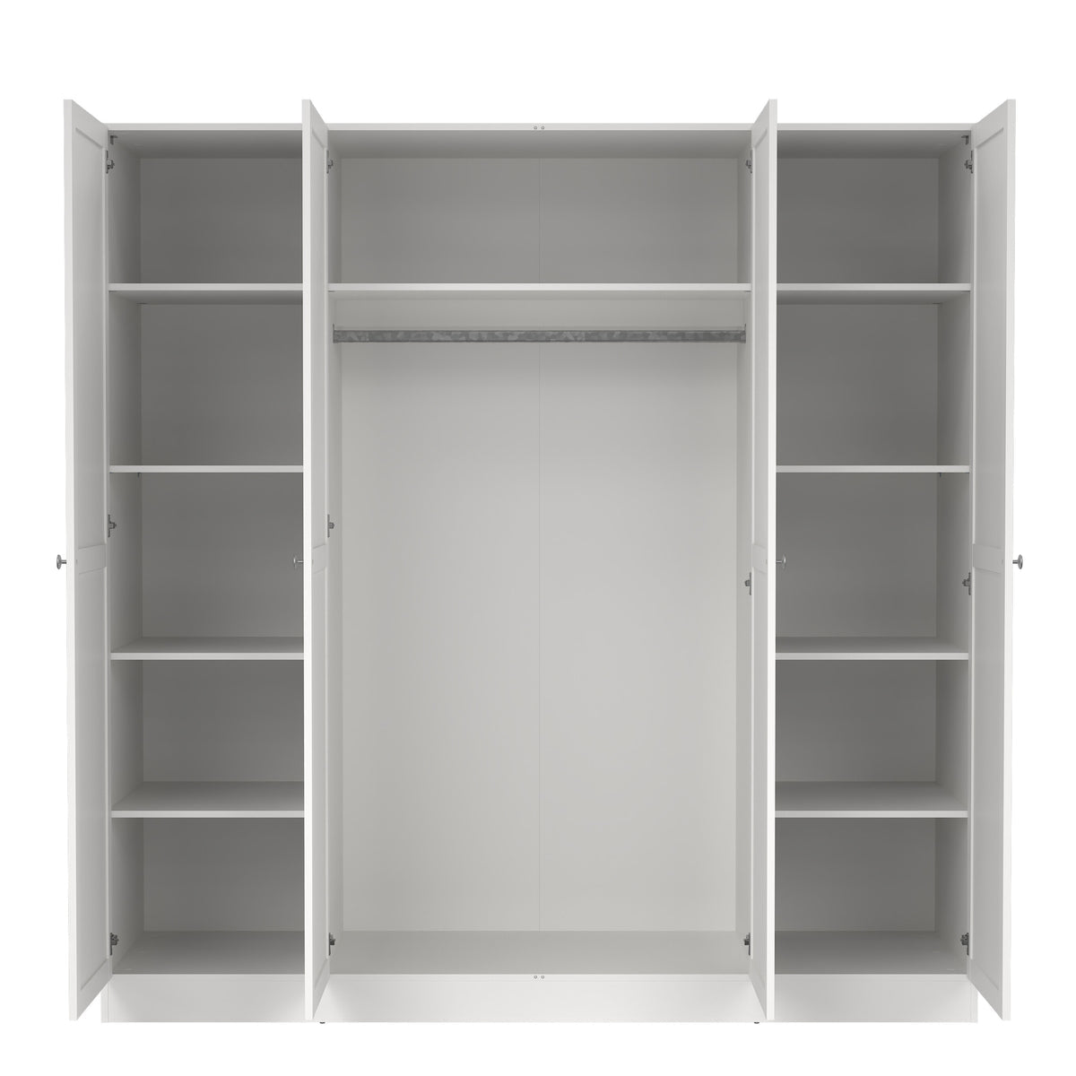 Interior of CHOICEWARDROBE New Tork 4-door white wardrobe showing three shelves on the left, a hanging rail, and three shelves on the right.