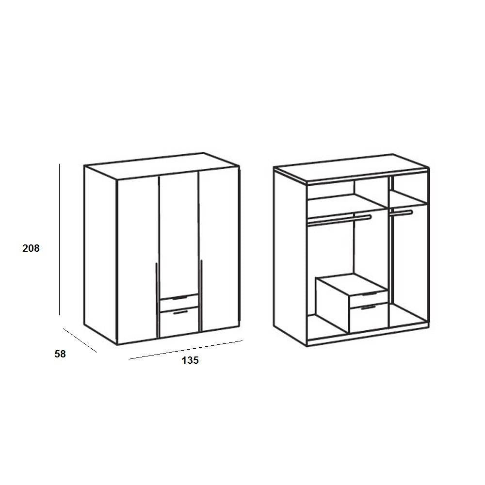 Line drawing of a 3-door wardrobe, showing interior layout with hanging rails and shelves, dimensions 208x135x58cm.