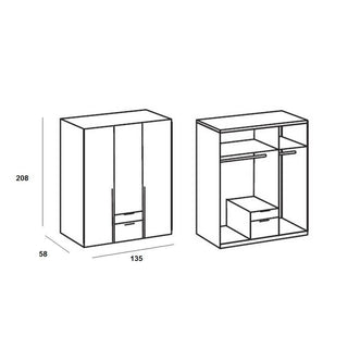 Line drawing of CHOICEWARDROBE New York 3 Door Wardrobe in matt white, showing exterior/interior views with three doors, two bottom drawers, double hanging rails, main shelf; labeled size: 208cm H x 135cm W x 58cm D.