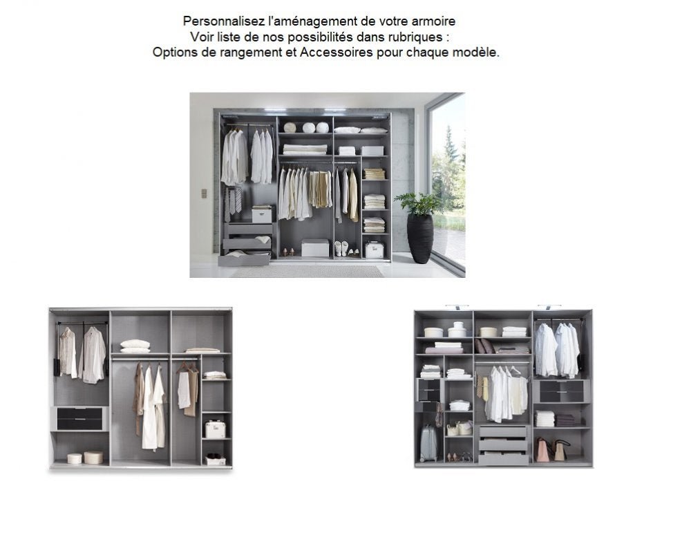 Open wardrobes displaying internal organisation with drawers & hanging rails, above French text on customisation.