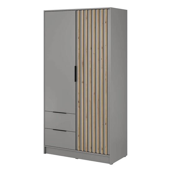 Grey two-door wardrobe with oak slatted door and two drawers.