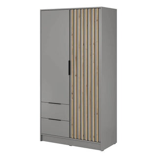 The CHOICEWARDROBE Newberry 105cm Grey 2 Door Wardrobe features a modern matte finish, one plain and one oak-slatted hinged door, plus two drawers at the bottom left, offering stylish storage with shelves and a contemporary look.