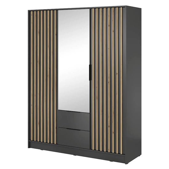 CHOICEWARDROBE Newberry 155cm 3 door hinged wardrobe with mirrored door and graphite oak slat detail.
