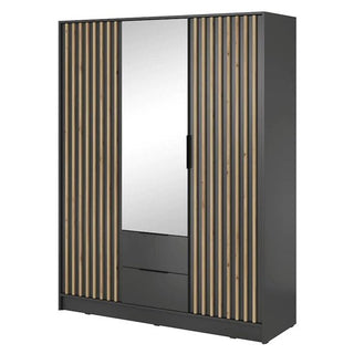 The CHOICEWARDROBE Newberry 155cm Mirrored 3 Door Hinged Wardrobe features a central mirrored door, drawers, shelves, a hanging rail, and striking graphite & oak slat paneling for a modern bedroom look.