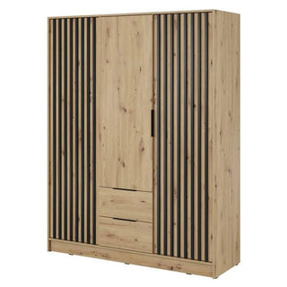 The CHOICEWARDROBE Newberry Wooden Wardrobe in Artisan Oak features a modern slatted design, 3 hinged doors, full interior storage shelves, and two drawers at the bottom center.