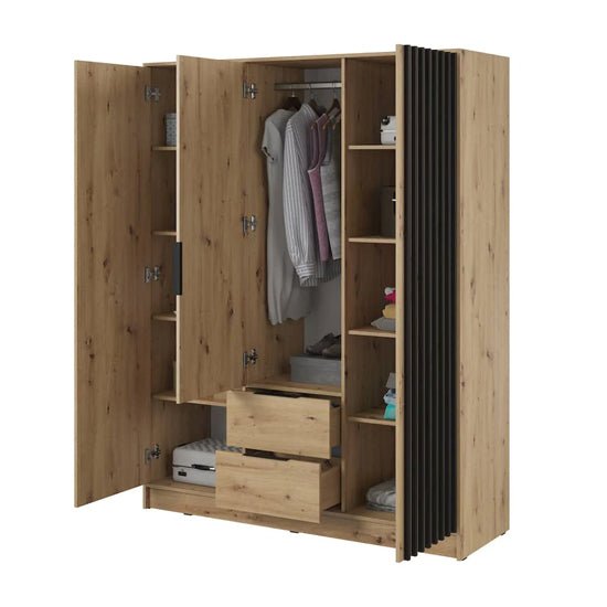 CHOICEWARDROBE Newberry 3-door wooden wardrobe in Artisan Oak with slatted detail and drawers
