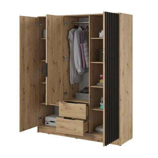 The CHOICEWARDROBE Newberry Wooden Wardrobe features 3 hinged doors, drawers, full interior storage shelves for clothes, and a modern slatted design in Artisan Oak with a natural wood finish. Dimensions: 155cm wide.