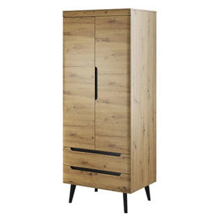 The CHOICEWARDROBE Newry 2 Door 2 Drawer Wooden Wardrobe in artisan oak boasts a modern Scandinavian design with black handles, angled legs, a hanging rail, and spacious storage—perfect for stylish bedroom organization.