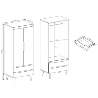 Line drawing displays the CHOICEWARDROBE Newry 2 Door 2 Drawer Wooden Wardrobe in artisan oak, featuring a modern Scandinavian design with hanging rail, storage shelves, and four angled legs. Separate dimensions for a drawer are also illustrated.