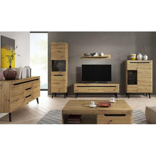 A modern living room with light wood furniture: a TV stand, coffee table, sideboard, two tall cabinets, and a wall shelf. The CHOICEWARDROBE Newry 2 Door 2 Drawer Wardrobe in artisan oak adds stylish bedroom storage and Scandinavian design flair.