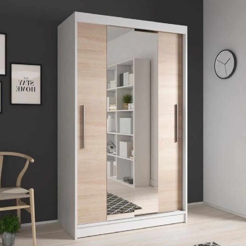 CHOICEWARDROBE Nichols 120cm 2-door sliding mirror wardrobe in white carcass and oak fronts