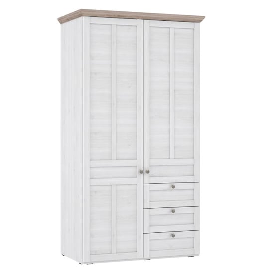 Two-door CHOICEWARDROBE Nilan wardrobe in snowy oak and natural oak, with three drawers and metal handles.