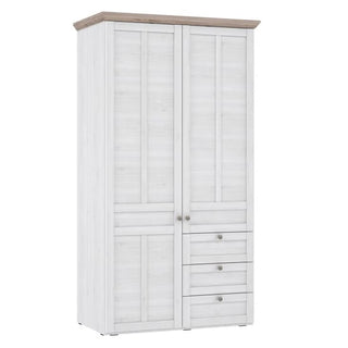 The CHOICEWARDROBE Nilan Snowy Oak & Natural Oak Wardrobe features a Scandinavian rustic design with two doors, three drawers, and metal handles, offering practical bedroom storage against a plain white background.