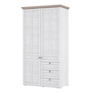 The CHOICEWARDROBE Nilan Snowy Oak & Natural Oak Wardrobe features a Scandinavian rustic design with 2 doors on the left, 3 lower right drawers, a light brown wood top, and metal knobs—perfect for stylish bedroom storage.