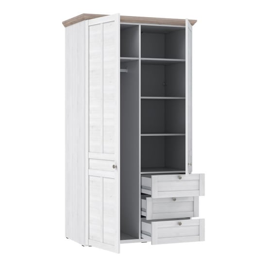 Two door wardrobe with three drawers, open shelves and hanging rod in Snowy Oak & Natural Oak finish