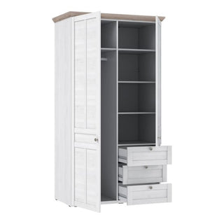 The CHOICEWARDROBE Nilan Snowy Oak & Natural Oak Wardrobe features 2 doors, 3 drawers, open shelves, a hanging rod, and natural oak trim—ideal for stylish Scandinavian rustic bedroom storage.