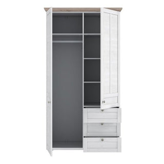The CHOICEWARDROBE Nilan Snowy Oak & Natural Oak Wardrobe features two open doors, multiple shelves, three drawers for bedroom storage, a clothes rail, and a stylish wooden top panel in a Scandinavian rustic design.