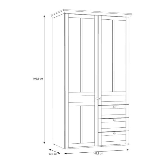 Line drawing of CHOICEWARDROBE Nilan wardrobe, 2 doors, 3 drawers, 192.6cm H x 105.3cm W x 57.3cm D