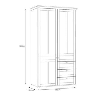Line drawing of the CHOICEWARDROBE Nilan Snowy Oak & Natural Oak Wardrobe, featuring 2 doors and 3 drawers in a Scandinavian rustic design. Dimensions: 192.6 cm H x 105.3 cm W x 57.3 cm D—ideal bedroom storage, interior not visible.