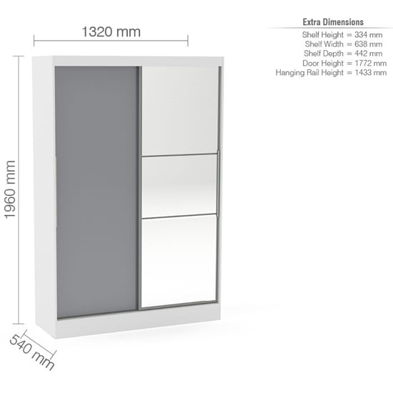 Choice Wardrobe Nivara 120cm sliding door wardrobe with one mirror panel, 1960mm H x 1320mm W x 540mm D.