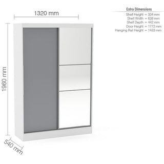 Choice Wardrobe Nivara 120cm sliding door wardrobe with one mirror panel, 1960mm H x 1320mm W x 540mm D.
