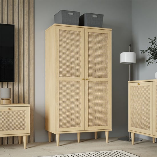 CHOICEWARDROBE 2 Door Wardrobe in Light Oak and Rattan finish, with grey storage bins in a modern room.