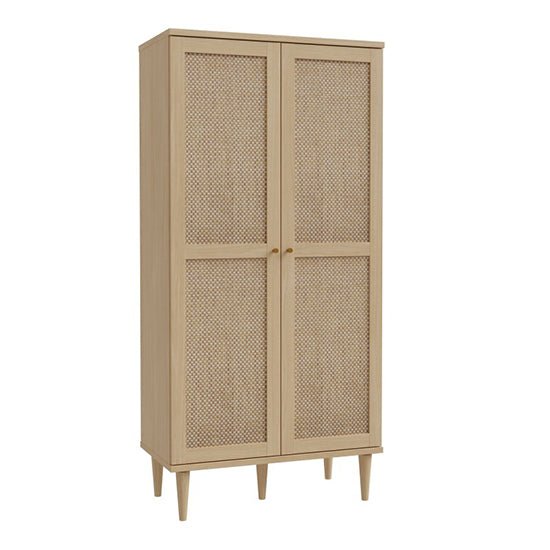 Light oak effect 2-door wardrobe with rattan front panels and tapered legs.