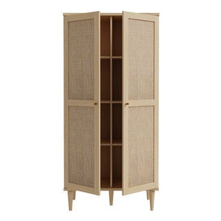 The CHOICEWARDROBE Nivelle Light Oak Rattan Door Wardrobe is a tall, two-door boho storage cabinet with woven rattan fronts, six internal shelves, and four tapered legs—perfect for bedroom organization.