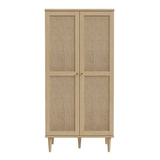 The CHOICEWARDROBE Nivelle Light Oak Rattan Door Wardrobe is a 2-door boho wooden storage cabinet, featuring woven rattan panels and simple handles—ideal for adding stylish bedroom storage.
