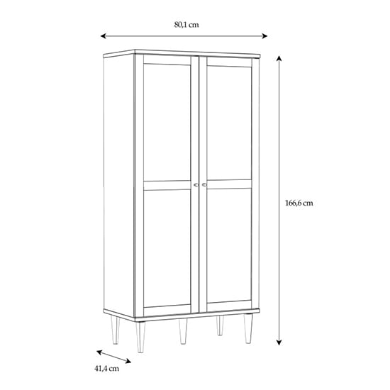 Line drawing of CHOICEWARDROBE Nivelle 2-door wardrobe, light oak finish. 80.1cm wide, 166.6cm high, 41.4cm deep.