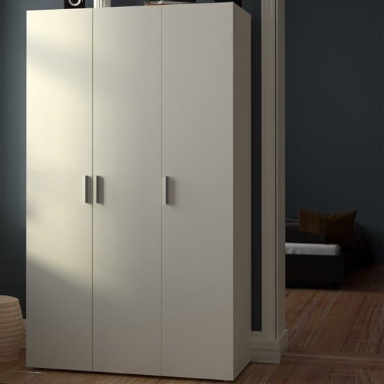 Perkin 3-door wardrobe in white woodgrain with silver-tone handles