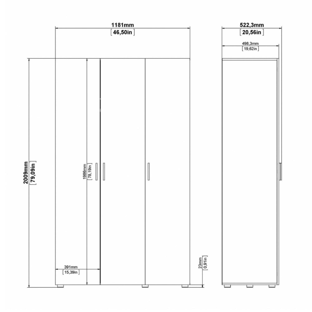 Perkin 3-door wardrobe dimensions: H 200.9cm, W 118.1cm, D 49.75cm