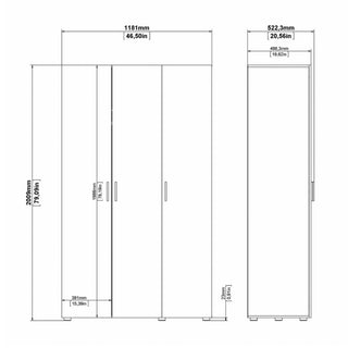 Line drawing of the CHOICEWARDROBE Nivra 3 Door Wardrobe in matte white with silver handles, shown from side and front views. Dimensions: H 2009 mm (79.13 in), W 1181 mm (46.50 in), D 522.3 mm (20.56 in).
