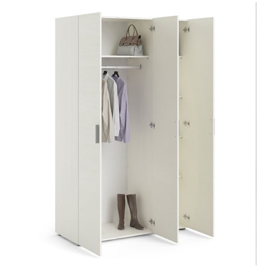 Perkin white woodgrain 3-door wardrobe, angled view