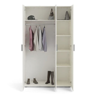 The CHOICEWARDROBE Nivra 3 Door Wardrobe in matte white with sleek silver handles features a hanging rod for shirts, a top shelf for hats and bags, bottom space for boots and shoes, plus four empty shelves—ideal for modern bedroom storage.