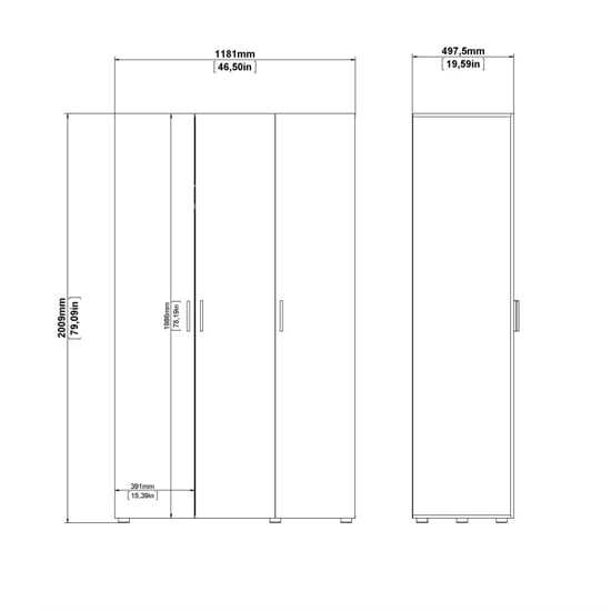 Perkin 3-door wardrobe front and side dimensions