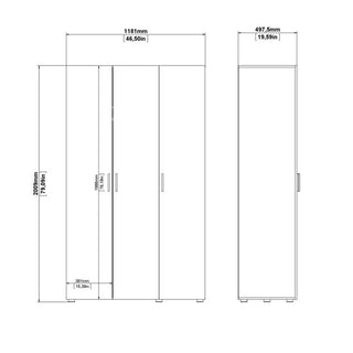Black and white line drawing of the CHOICEWARDROBE Nivra 3 Door Wardrobe – Matte White Finish with Sleek Silver Handles, showing front and side views with dimensions: 2060mm height, 1181mm width, 497.5mm depth, plus shelf and handle measurements.