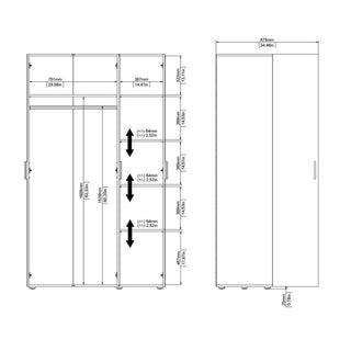 Technical drawing of the CHOICEWARDROBE Nivra 3 Door Wardrobe in Matte White with Sleek Silver Handles, showing labeled millimeter and inch measurements, adjustable shelf or rail heights, and front/side views for modern bedroom furniture.