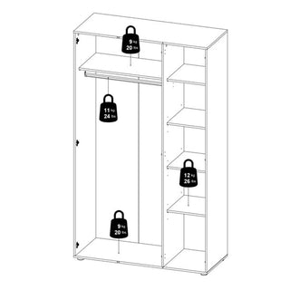 Black and white illustration of the CHOICEWARDROBE Nivra 3 Door Wardrobe in Matte White with sleek silver handles, showing weight limits: 9kg (top/bottom shelves), 11kg (hanging rail), and 12kg (side shelf)—ideal for a modern bedroom.