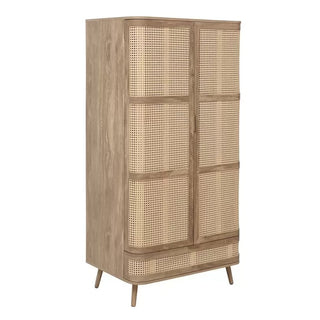 The CHOICEWARDROBE Nixa Oak Rattan Wardrobe features a 2-door, 1-drawer design with cane front panels and solid wood legs in a Boho Scandi style, offering elegant storage in a 90 cm oak finish.