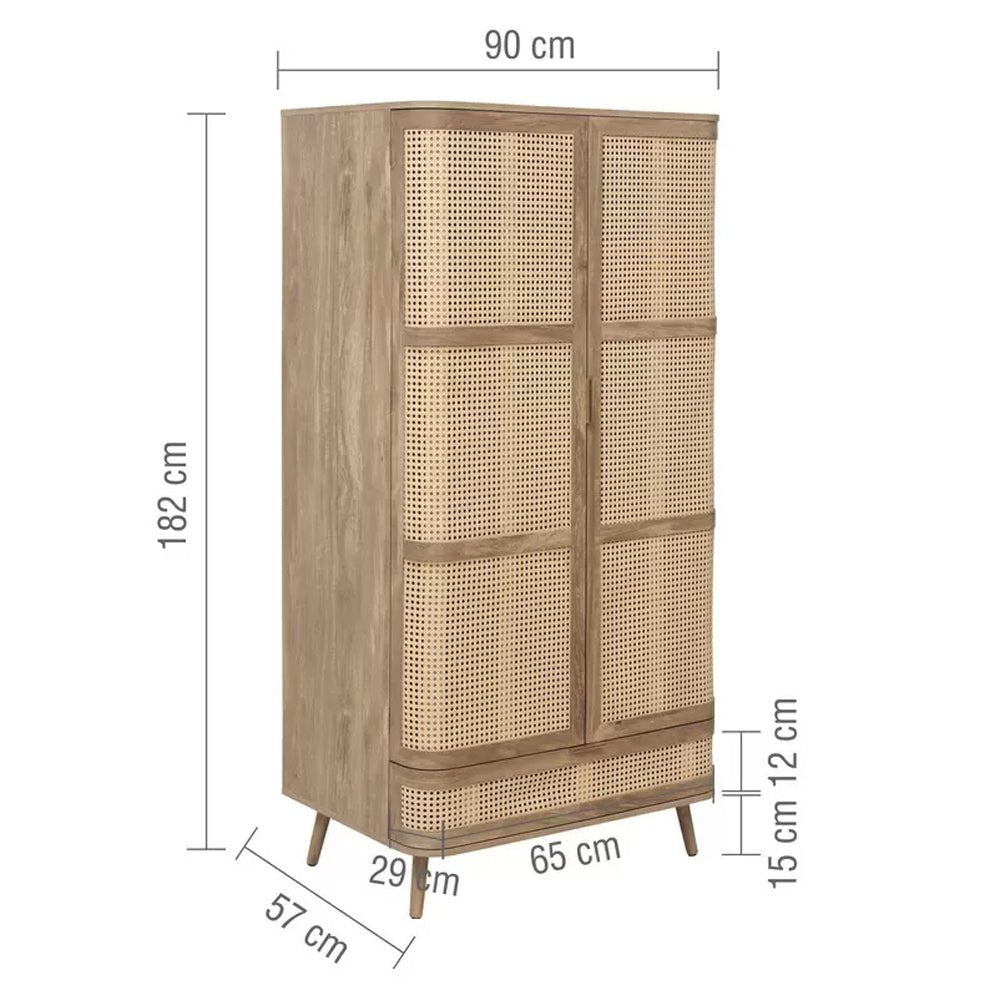 CHOICEWARDROBE Nixa Oak Rattan Wardrobe: 182cm H x 90cm W, boho Scandi style, 2 doors, 1 drawer, cane panels.