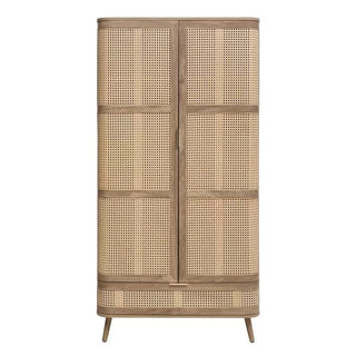 The CHOICEWARDROBE Nixa Oak Rattan Wardrobe features 2 doors, a drawer, cane front panels, solid wood legs, and a Boho Scandi design—ideal for stylish bedroom storage in a compact 90 cm width.