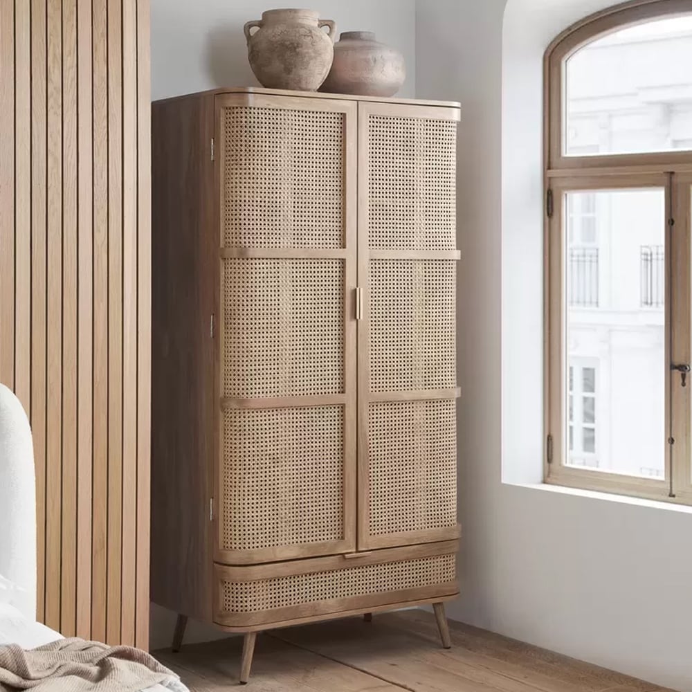 CHOICEWARDROBE Nixa Oak Rattan Wardrobe: 90cm 2-door, 1-drawer cabinet with cane panels & wood legs for Boho Scandi bedroom storage.